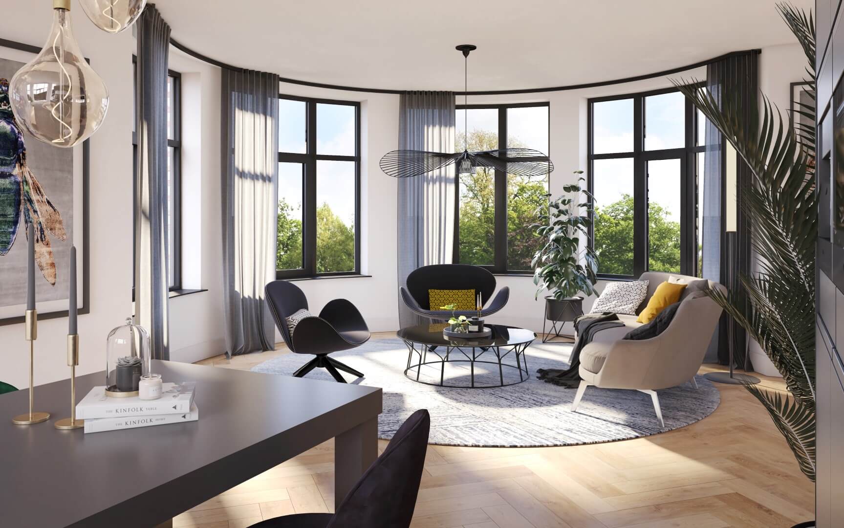 Erker met loungestoelen en veel groen
